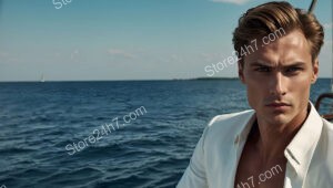Refined Man in White Jacket Glares into Distance at Sea