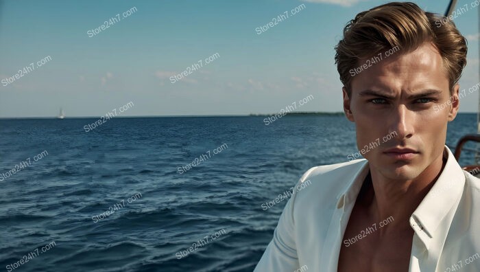 Refined Man in White Jacket Glares into Distance at Sea