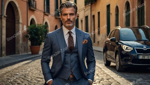 Refined Presence: Man in a Blue Three-Piece Suit