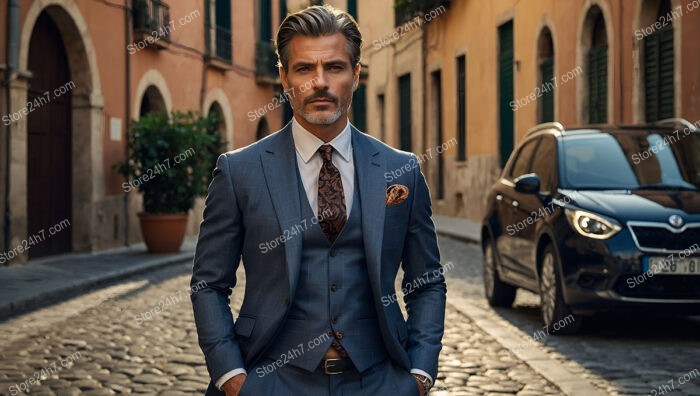 Refined Presence: Man in a Blue Three-Piece Suit