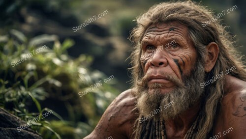 Reflective Caveman with Tribal Markings in Forest