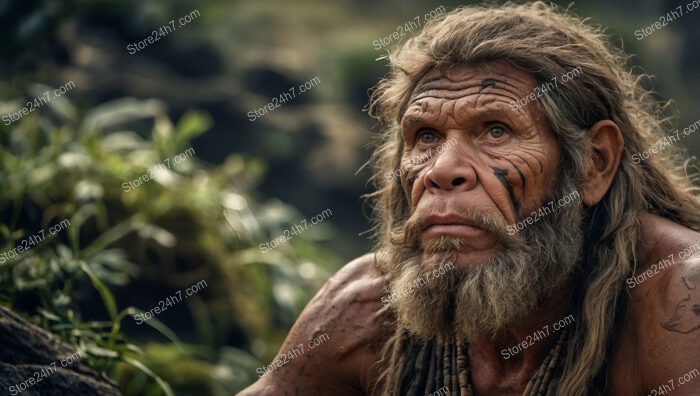 Reflective Caveman with Tribal Markings in Forest