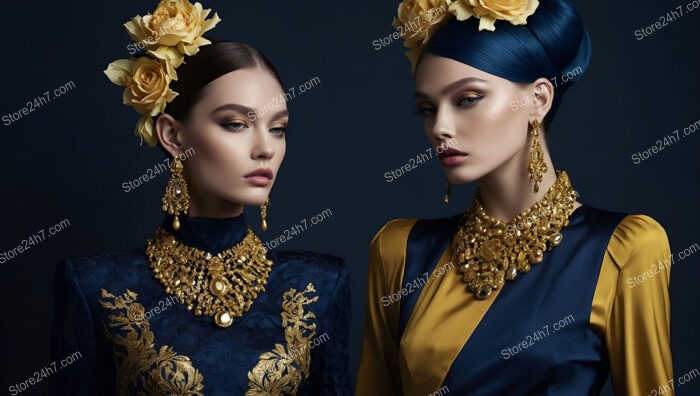 Regal Duo in Blue and Gold Fashion Ensemble