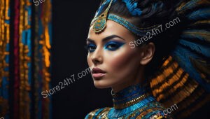 Regal Egyptian Queen: Vibrant Blue Makeup and Golden Headdress