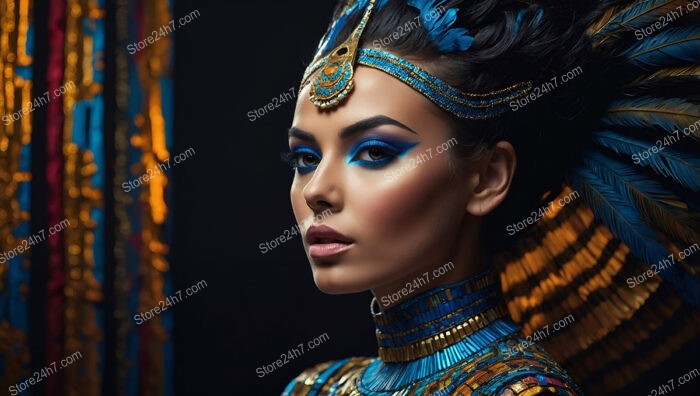 Regal Egyptian Queen: Vibrant Blue Makeup and Golden Headdress