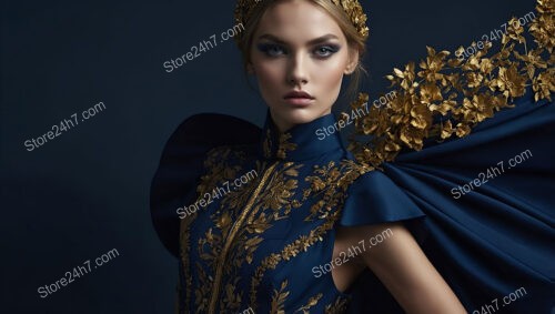 Regal Fashion Model in Blue and Gold Attire