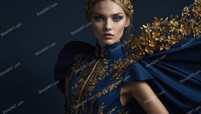 Regal Fashion Model in Blue and Gold Attire