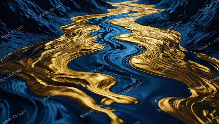 River of Liquid Gold Flowing Through Dark Blue Terrain