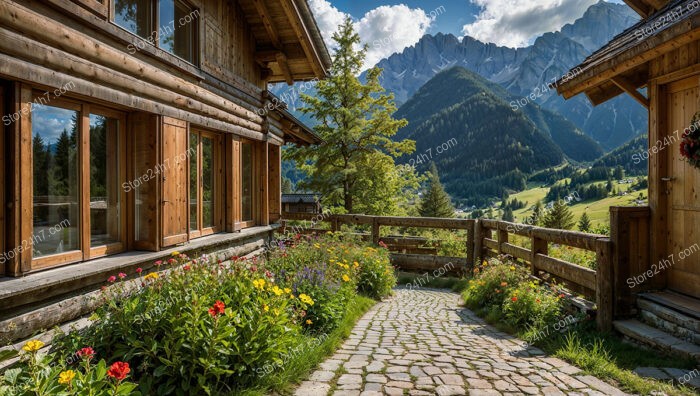 Rustic Bavarian Alpine Chalet Surrounded by Flowering Garden