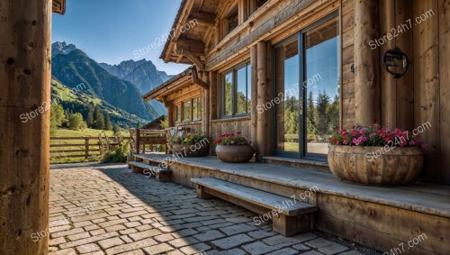 Rustic Bavarian Chalet with Flower Pots and Mountain View