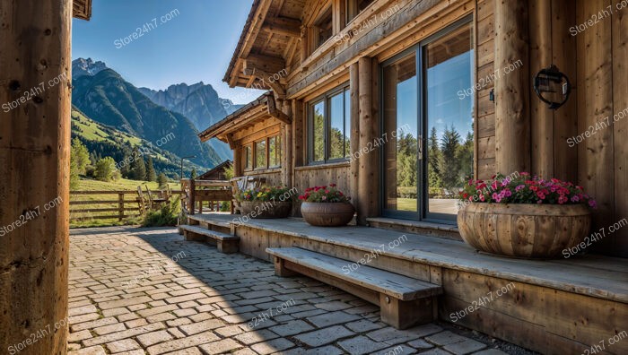 Rustic Bavarian Chalet with Flower Pots and Mountain View