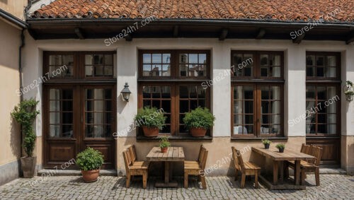 Rustic Bavarian City Courtyard with Wooden Furniture