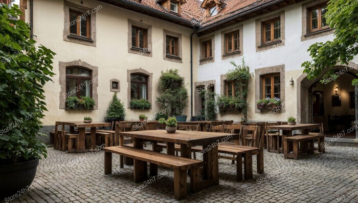 Rustic Bavarian Courtyard with Wooden Furniture and Greenery