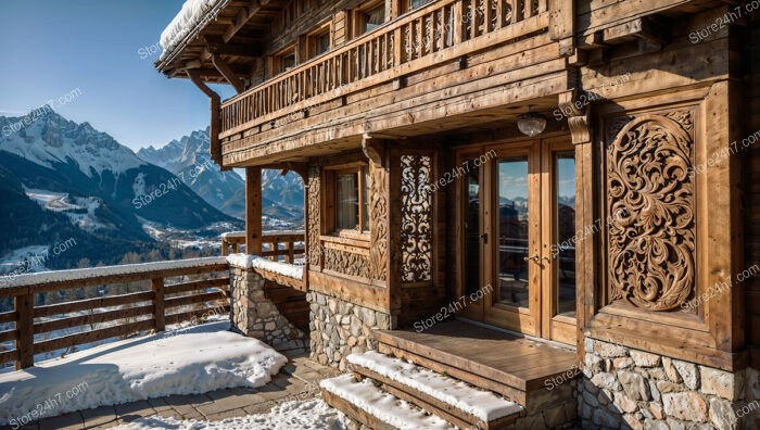 Rustic Chalet with Ornate Wooden Carvings and Mountain Views