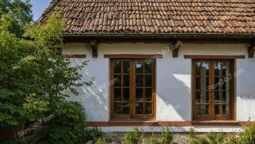 Rustic Cottage with Wooden Shutters and Flowering Plants