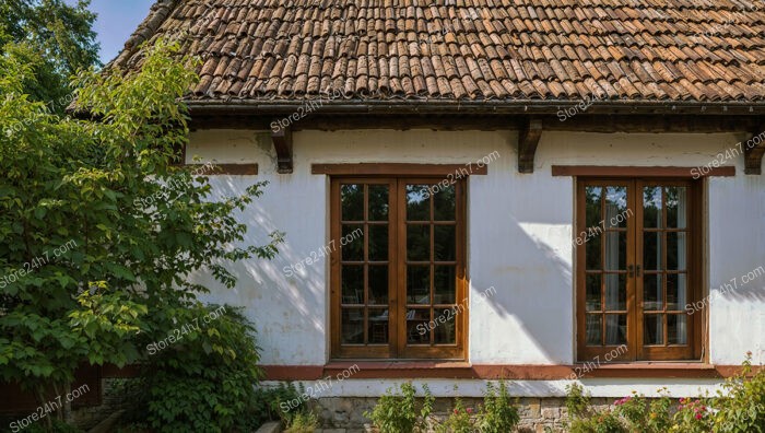 Rustic Cottage with Wooden Shutters and Flowering Plants