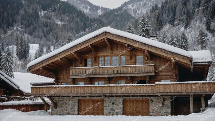 Rustic Wooden Chalet with Stone Foundation in Snowy Alps