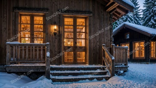 Rustic Wooden Chalet with Warm Interior Glow at Dusk