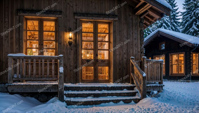 Rustic Wooden Chalet with Warm Interior Glow at Dusk