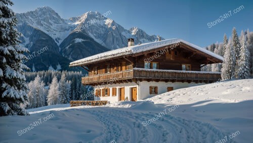 Serene Alpine Chalet Amidst Snowy Mountains and Forests