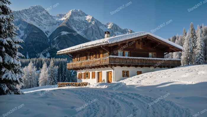 Serene Alpine Chalet Amidst Snowy Mountains and Forests