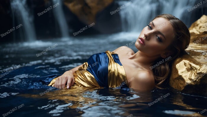 Serene Model in Blue and Gold Gown by Waterfall