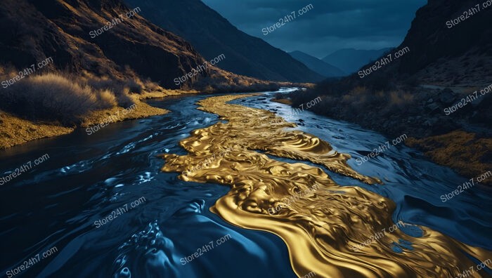 Serpentine River of Gold Through Midnight Blue Valleys