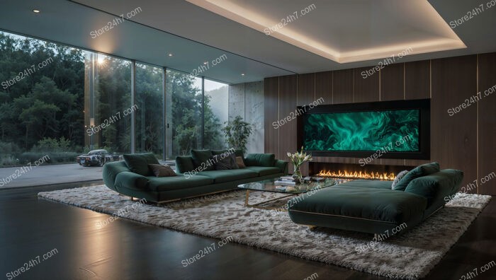 Sleek Modern Living Room with Green Accents and Fireplace