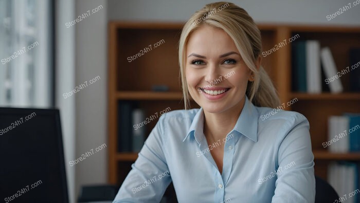 Smiling Office Manager with Professional and Welcoming Demeanor