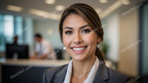 Smiling secretary in a modern corporate office setting