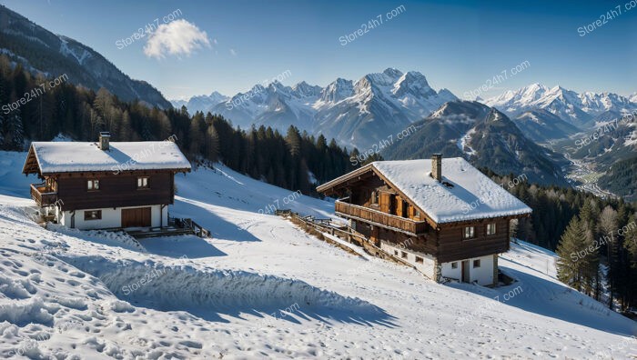 Snow-Covered Alpine Chalets with Stunning Mountain View