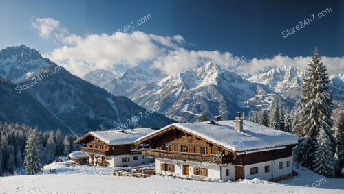 Snowy Alpine Chalets with Majestic Mountain Backdrop