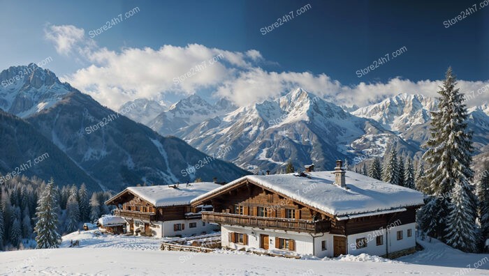 Snowy Alpine Chalets with Majestic Mountain Backdrop