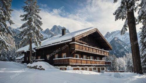 Snowy Chalet Surrounded by Pine Trees and Mountains