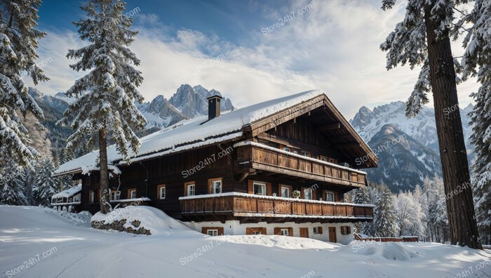 Snowy Chalet Surrounded by Pine Trees and Mountains