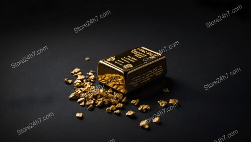 Solid Gold Bar Surrounded by Nuggets on Black