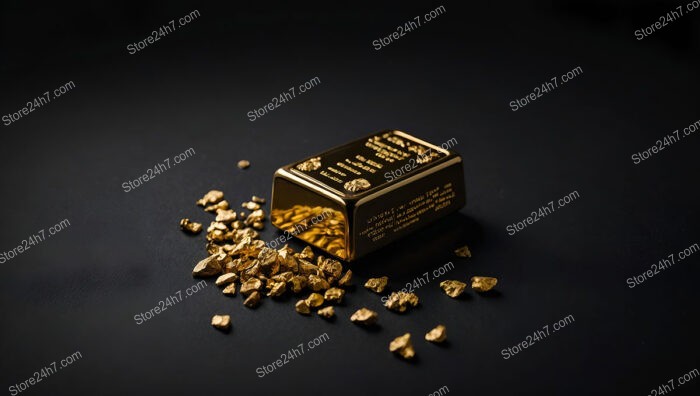 Solid Gold Bar Surrounded by Nuggets on Black