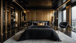 Sophisticated Black and Gold Bedroom with Luxurious Finishes