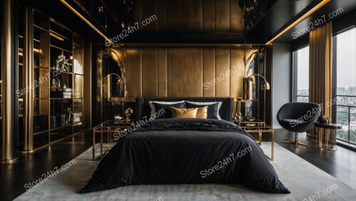 Sophisticated Black and Gold Bedroom with Luxurious Finishes