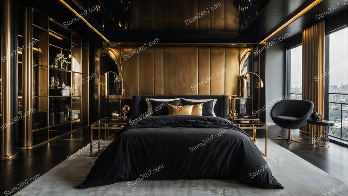 Sophisticated Black and Gold Bedroom with Luxurious Finishes