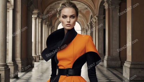 Sophisticated Fashion Model in Bold Black and Orange Ensemble