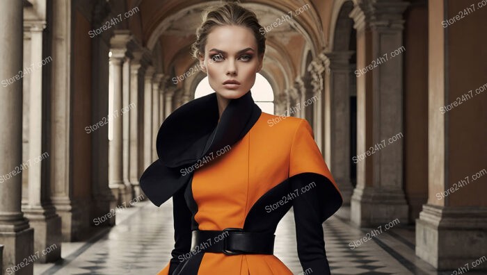 Sophisticated Fashion Model in Bold Black and Orange Ensemble