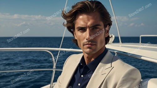 Sophisticated Man in Beige Blazer on Yacht at Sea