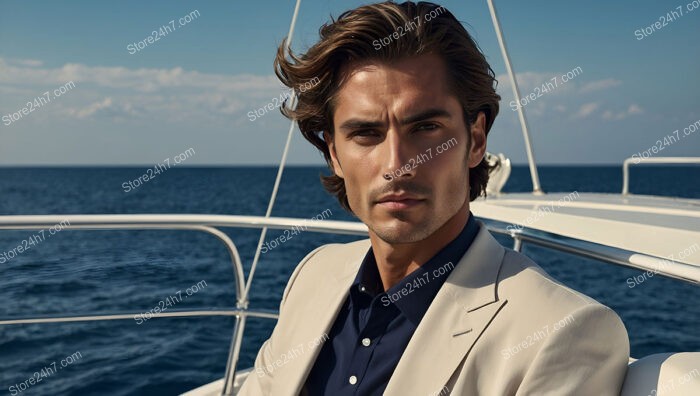 Sophisticated Man in Beige Blazer on Yacht at Sea