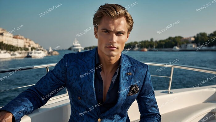 Sophisticated Man in Blue Patterned Blazer on Luxury Yacht