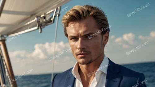 Sophisticated Man in Blue Suit on a Luxury Yacht