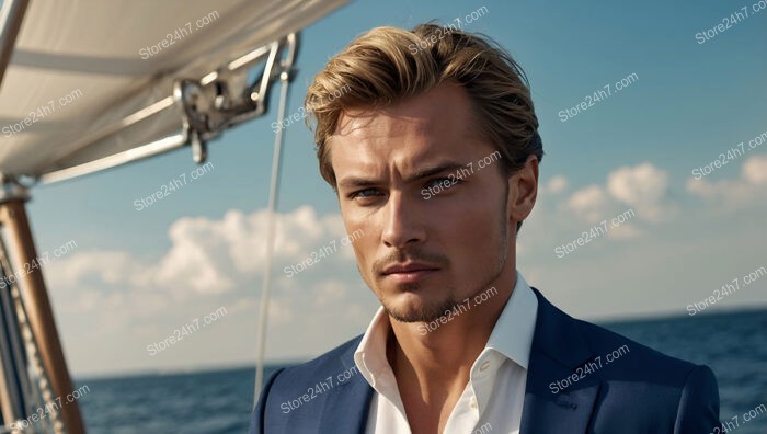 Sophisticated Man in Blue Suit on a Luxury Yacht