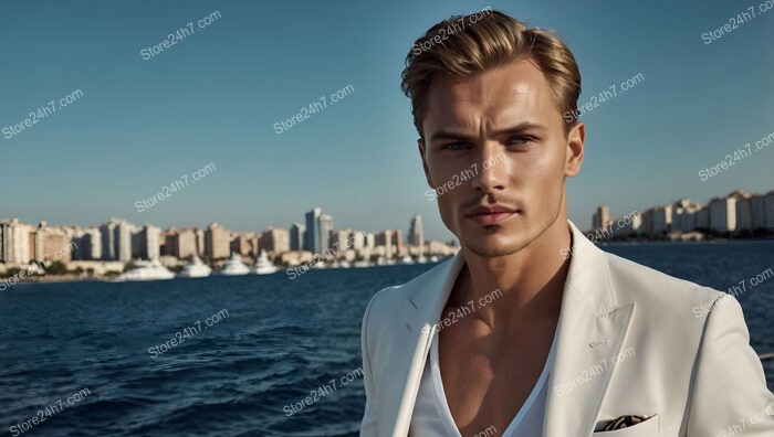 Sophisticated Man in White Blazer on a Yacht at Sea