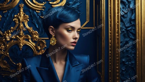 Sophisticated Model in Luxurious Blue and Gold Setting