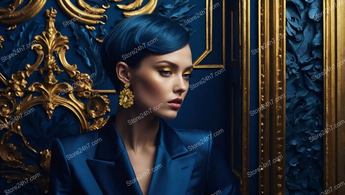 Sophisticated Model in Luxurious Blue and Gold Setting